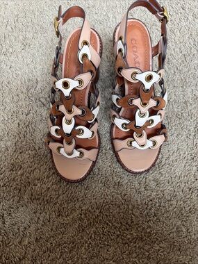Coach Pink and Brown Leather Floral-Link Slingback Sandals